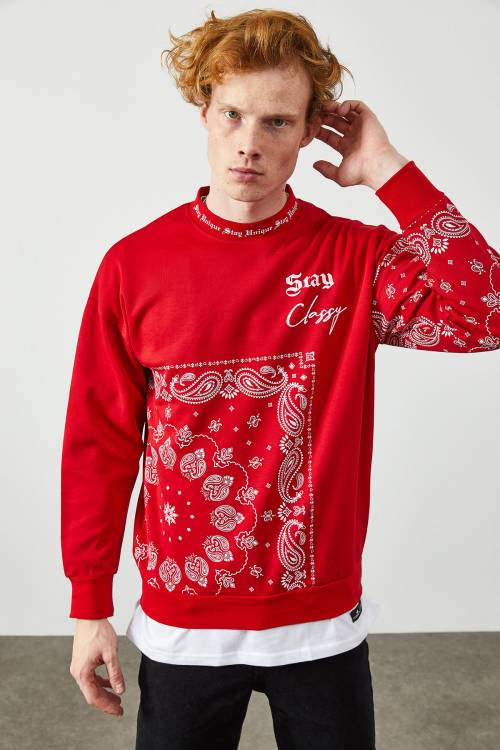 XHAN - Kırmızı Etnik Desenli Sweatshirt 2KXE8-45350-04