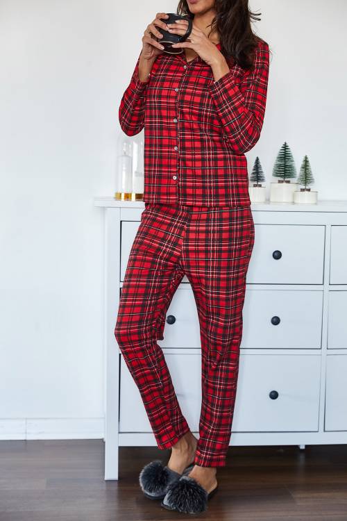Kırmızı Kareli Örme Pijama Takımı 1KZK8-11024-04 - 6