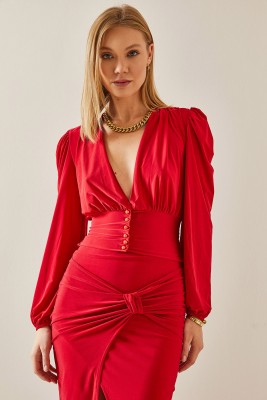 Kırmızı Karpuz Kol Dekolteli Düğmeli Bluz 4KXK2-47783-04 - 3