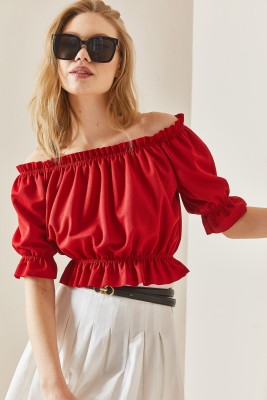 Kırmızı Kayık Yaka Büzgülü Crop Bluz 3YXK2-47030-04 