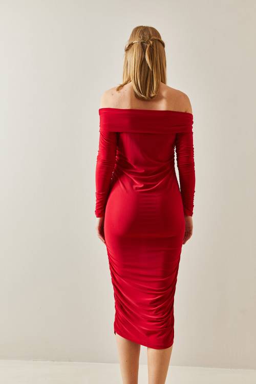 Kırmızı Madonna Yaka Drapeli Midi Elbise 4KXK6-47915-04 - 8