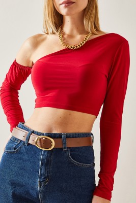 Kırmızı Omuz Dekolteli Crop Bluz 4KXK2-47652-04 