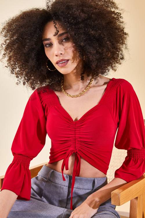 Kırmızı Önü Büzgülü & Kolları Volanlı Bluz 3KXK2-46760-04 - 1