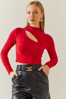 XHAN - Kırmızı Pencere Detaylı Yarım Balıkçı Crop Bluz 4KXK2-47804-04