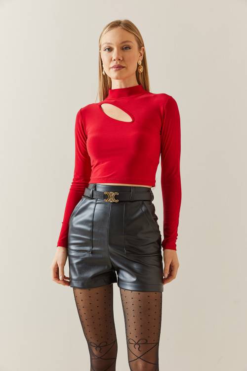 Kırmızı Pencere Detaylı Yarım Balıkçı Crop Bluz 4KXK2-47804-04 - 5