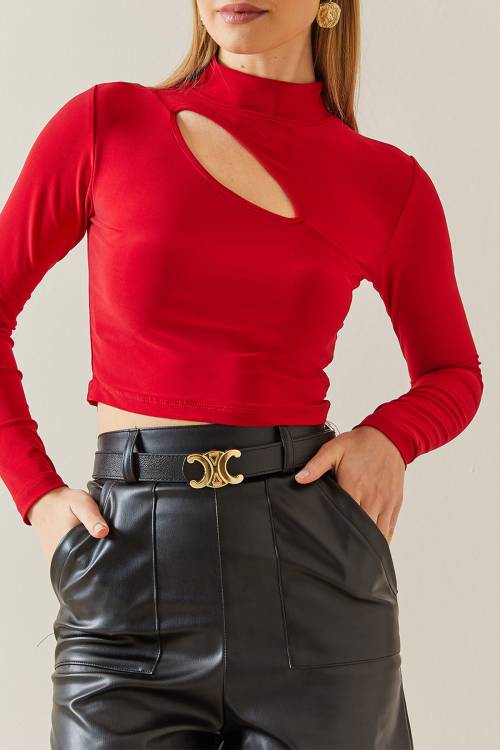 Kırmızı Pencere Detaylı Yarım Balıkçı Crop Bluz 4KXK2-47804-04 - 1