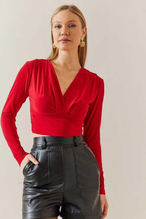 Kırmızı Pile Detaylı V Yaka Dökümlü Crop Bluz 4KXK2-47807-04 - 4