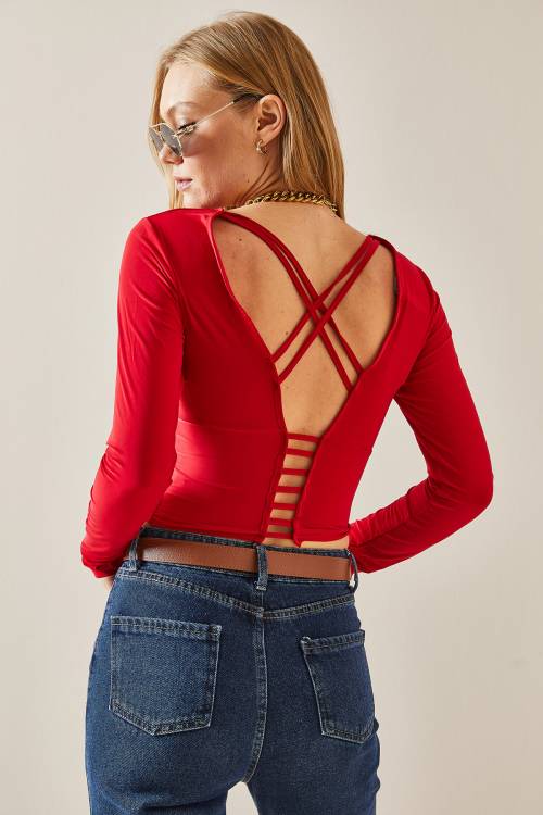 Kırmızı Sırt Dekolteli Biyeli Crop Bluz 4KXK2-47781-04 - 5