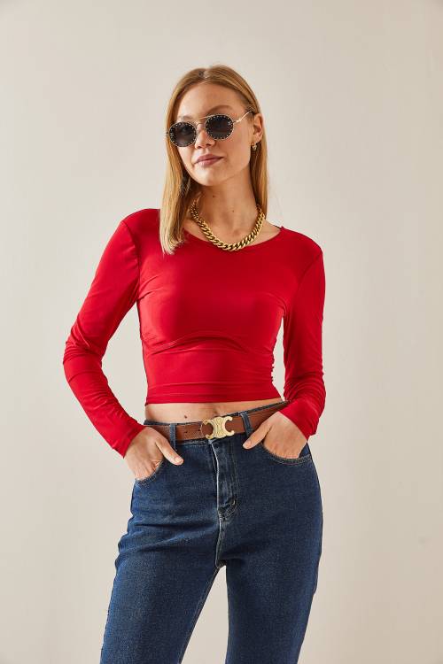 Kırmızı Sırt Dekolteli Biyeli Crop Bluz 4KXK2-47781-04 - 6
