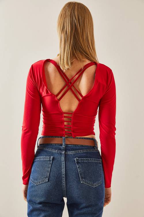 Kırmızı Sırt Dekolteli Biyeli Crop Bluz 4KXK2-47781-04 - 7