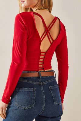Kırmızı Sırt Dekolteli Biyeli Crop Bluz 4KXK2-47781-04 