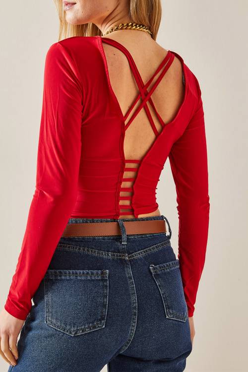 Kırmızı Sırt Dekolteli Biyeli Crop Bluz 4KXK2-47781-04 - 1