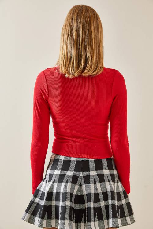 Kırmızı U Yaka Bağcıklı Kaşkorse Crop Bluz 4KXK2-47775-04 - 8
