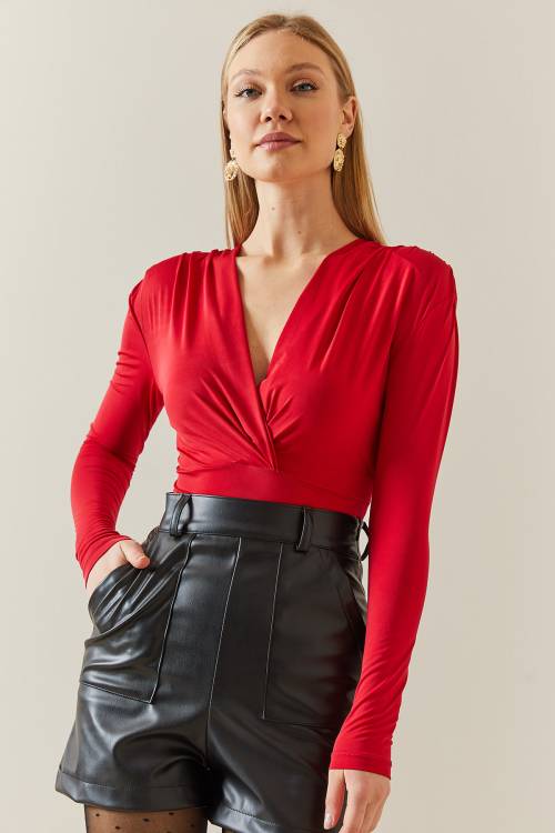 Kırmızı Vatkalı & Göğüs Dekolteli Çıtçıtlı Bluz 4KXK2-47811-04 - 4