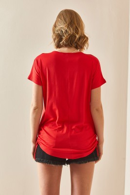 Kırmızı Yanı Büzgülü Dökümlü Bluz 3YXK2-47098-04 - 7