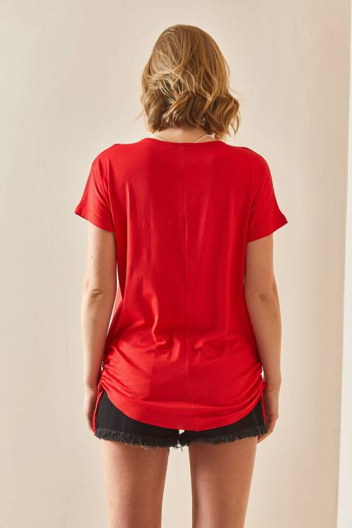 Kırmızı Yanı Büzgülü Dökümlü Bluz 3YXK2-47098-04 - 7