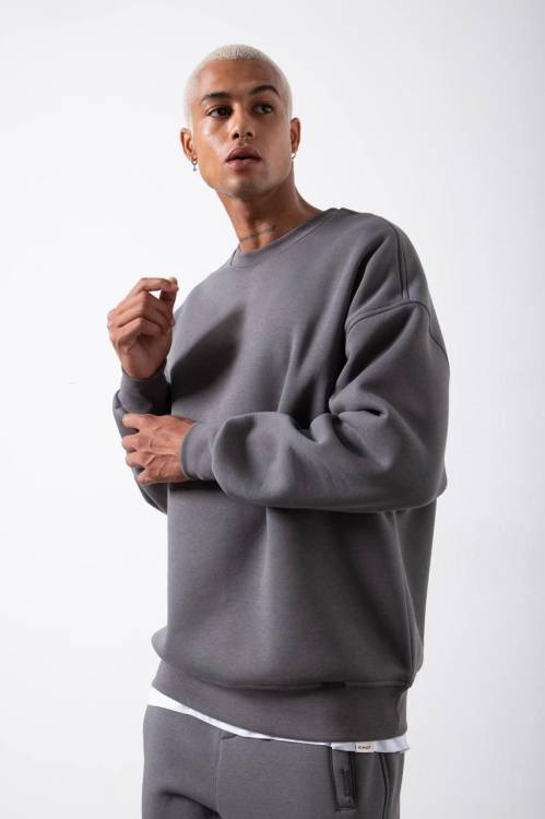 XHAN - Koyu Gri Organik Pamuklu Şardonlu Oversize Sweatshirt 3KXE8-46416-32