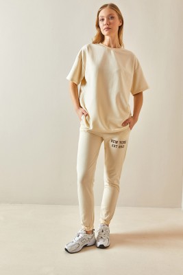 Krem Arkası Baskılı Oversize Eşofman Takımı 4KXK8-47936-22 - 3