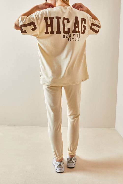 Krem Arkası Baskılı Oversize Eşofman Takımı 4KXK8-47936-22 - 1