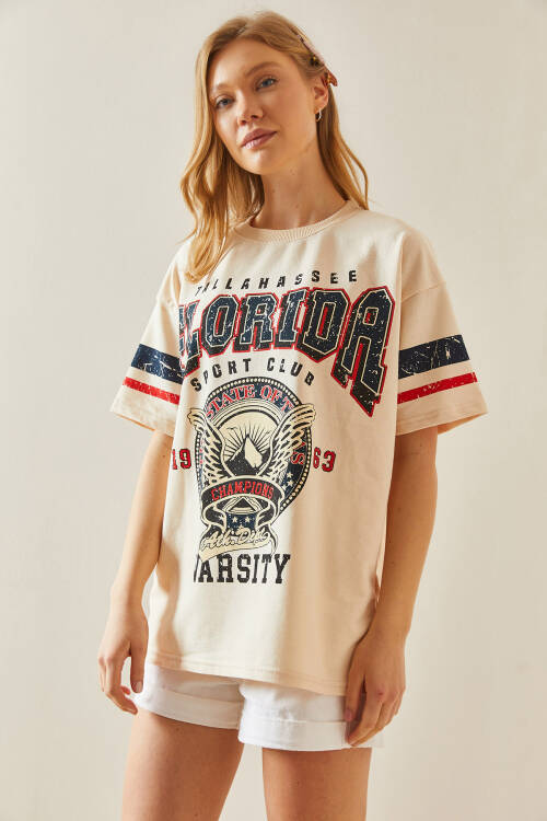 Krem Baskılı Bisiklet Yaka Oversize Tişört 5YXK1-48005-22 - 5