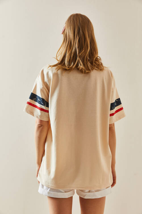 Krem Baskılı Bisiklet Yaka Oversize Tişört 5YXK1-48005-22 - 6