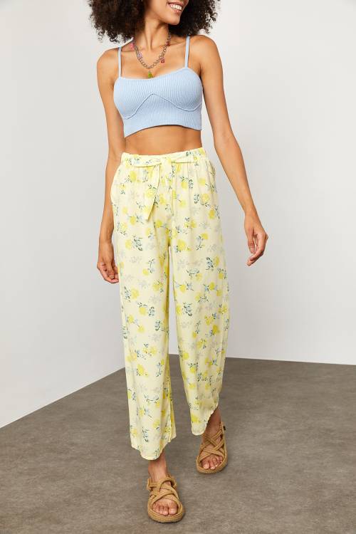 Krem Beli Lastikli Çiçekli Pantolon 2KXK5-45691-19 - 2