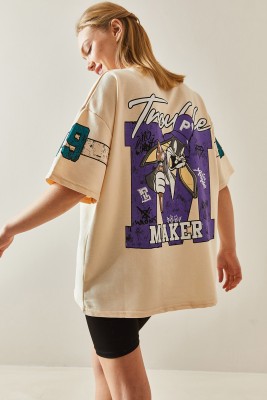 Krem Bisiklet Yaka Arkası Baskılı Oversize Tişört 4KXK1-47898-22 
