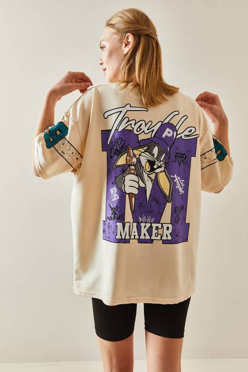 Krem Bisiklet Yaka Arkası Baskılı Oversize Tişört 4KXK1-47898-22 - 5