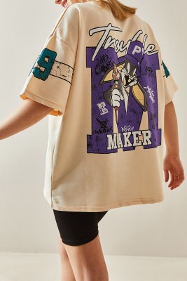Krem Bisiklet Yaka Arkası Baskılı Oversize Tişört 4KXK1-47898-22 - 1