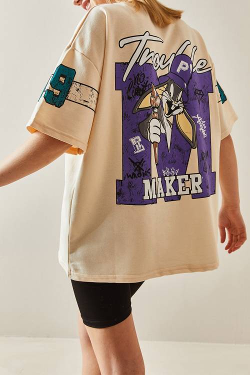 Krem Bisiklet Yaka Arkası Baskılı Oversize Tişört 4KXK1-47898-22 - 1