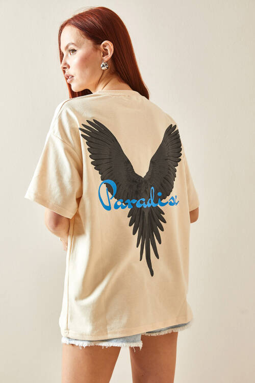 Krem Bisiklet Yaka Arkası Baskılı Oversize Tişört 5YXK1-48210-22 - 2