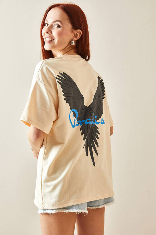 Krem Bisiklet Yaka Arkası Baskılı Oversize Tişört 5YXK1-48210-22 - 3