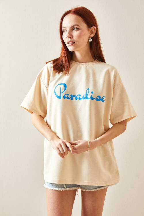 Krem Bisiklet Yaka Arkası Baskılı Oversize Tişört 5YXK1-48210-22 - 4