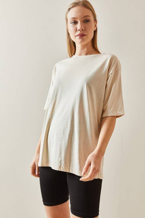 Krem Bisiklet Yaka Basic Oversize Tişört 4KXK1-47895-22 - 1