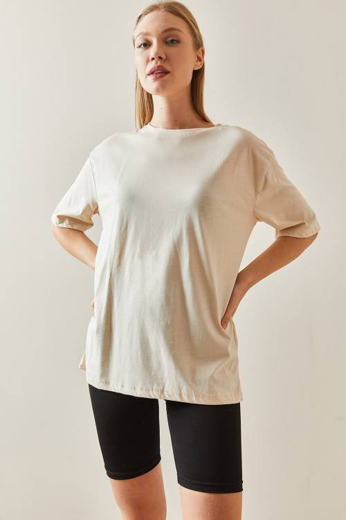 Krem Bisiklet Yaka Basic Oversize Tişört 4KXK1-47895-22 - 3