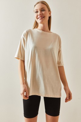 Krem Bisiklet Yaka Basic Oversize Tişört 4KXK1-47895-22 - 4