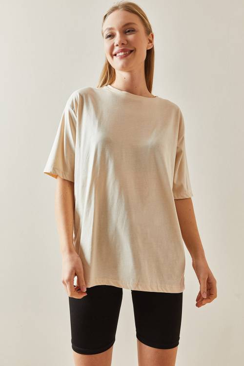 Krem Bisiklet Yaka Basic Oversize Tişört 4KXK1-47895-22 - 4