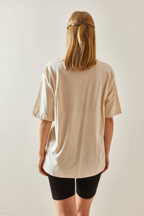 Krem Bisiklet Yaka Basic Oversize Tişört 4KXK1-47895-22 - 5