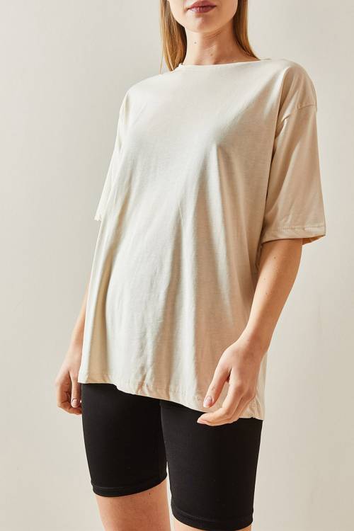 Krem Bisiklet Yaka Basic Oversize Tişört 4KXK1-47895-22 - 2