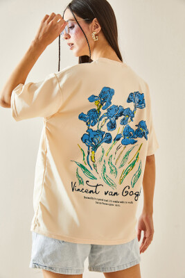Krem Bisiklet Yaka Baskılı Oversize Tişört 5YXK1-48410-22 - 2