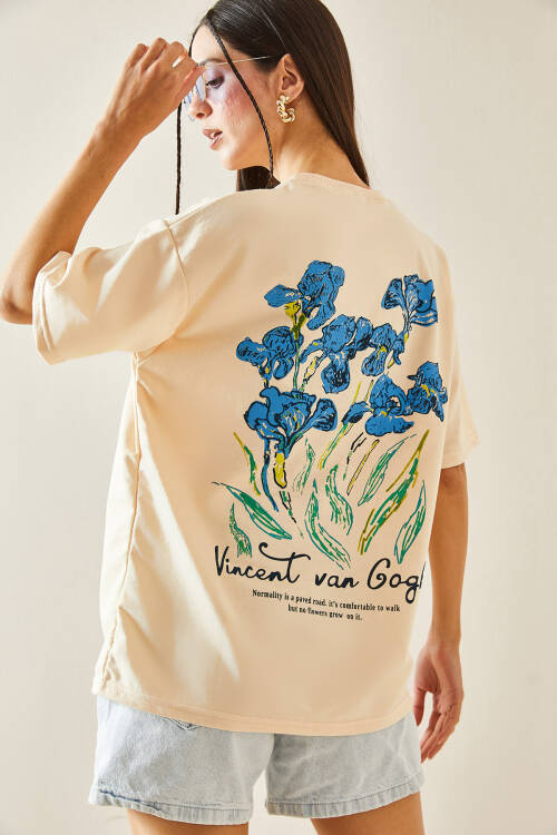 Krem Bisiklet Yaka Baskılı Oversize Tişört 5YXK1-48410-22 - 2