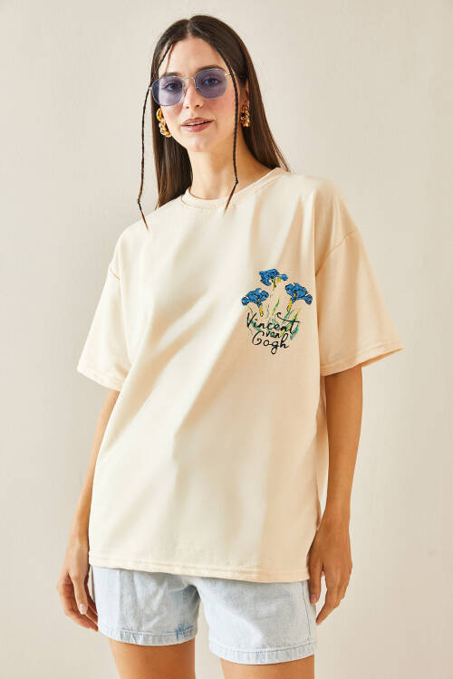 Krem Bisiklet Yaka Baskılı Oversize Tişört 5YXK1-48410-22 - 3