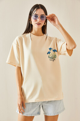 Krem Bisiklet Yaka Baskılı Oversize Tişört 5YXK1-48410-22 - 4