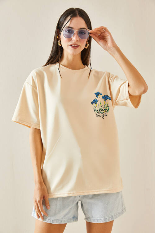 Krem Bisiklet Yaka Baskılı Oversize Tişört 5YXK1-48410-22 - 4