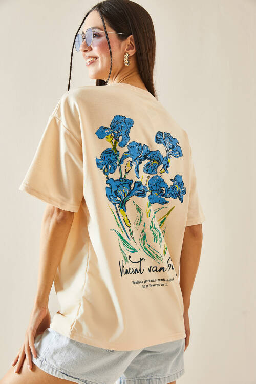 Krem Bisiklet Yaka Baskılı Oversize Tişört 5YXK1-48410-22 - 6