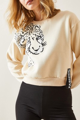 XHAN - Krem Bisiklet Yaka Baskılı Sweatshirt 4KXK8-47705-22