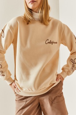 XHAN - Krem Bisiklet Yaka Kolları Detaylı Sweatshirt 4KXK8-47751-22