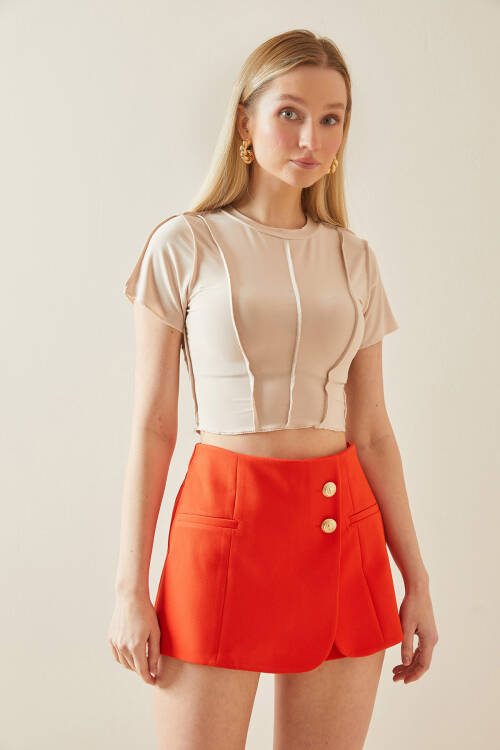 Krem Bisiklet Yaka Likralı Crop Basic Bluz 5YXK2-48069-22 - 5