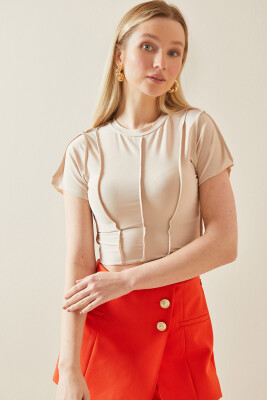 Krem Bisiklet Yaka Likralı Crop Basic Bluz 5YXK2-48069-22 - 6