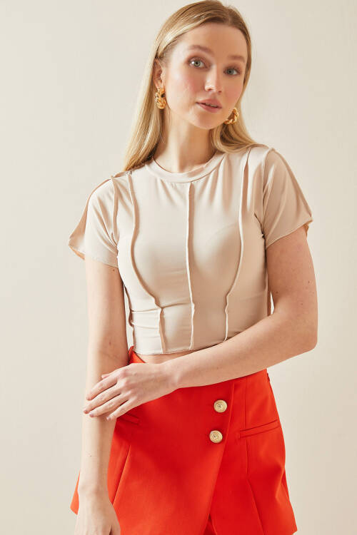 Krem Bisiklet Yaka Likralı Crop Basic Bluz 5YXK2-48069-22 - 6